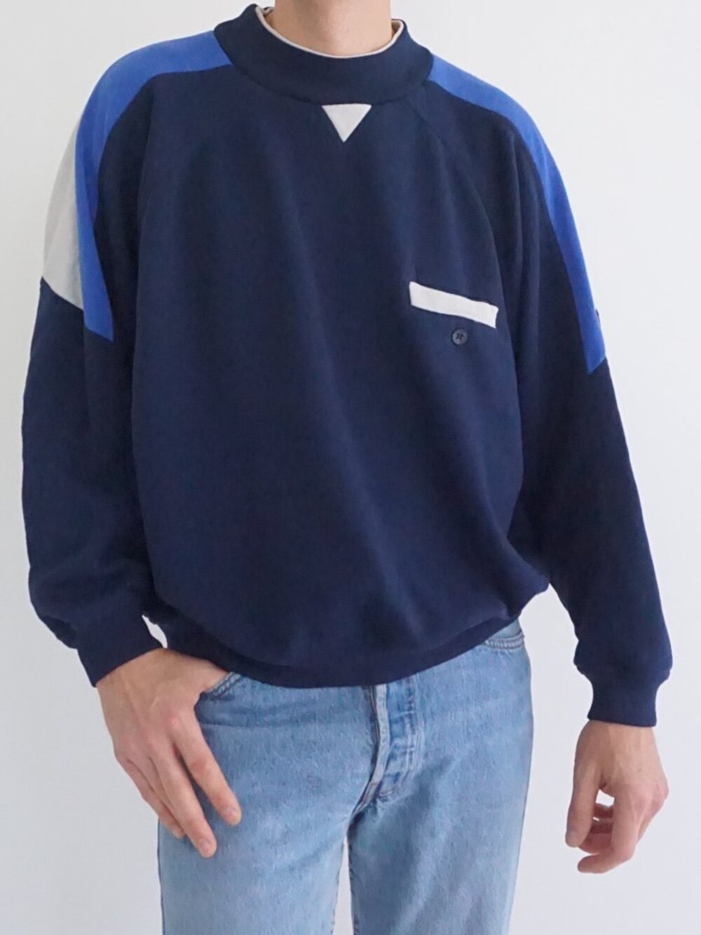 Vintage Freelance Sportswear Navy Blue White Colorblock Funnel Neck Sweatshirt M